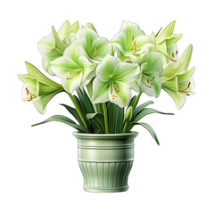 Green Pot with Hippeastrum Isolated on Transparent or White Background, PNG