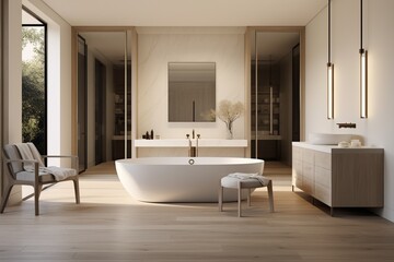 Fototapeta na wymiar A contemporary bathroom with a freestanding bathtub, minimalist fixtures, and a large mirror, creating a luxurious spa-like retreat