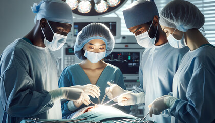 A team of diverse surgeons perform an operation in the medical theater room with large operating lights overhead. Diversity in the medical field.