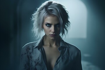 a compelling female antagonist with a threatening appearance and unique style. generative AI