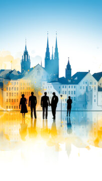 Silhouetted individuals before a radiant watercolor city backdrop depict the hustle of urban life, blending modern existence with the timeless allure of historic architecture. Local city trip