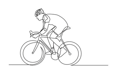 Continuous line drawing of athlete cycling with safety helmet. cycling with a Healthy lifestyle. single-line art of a classic bicycle isolated on a white background.
