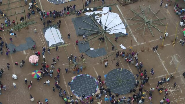 People prepare giant kites for All Saint's Day In Sumpango, aerial