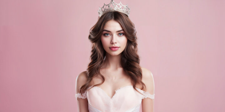 Enchanting young woman with a crown and elegant waves, exuding royalty.