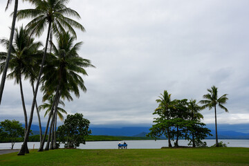 People sitting by the water