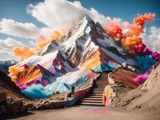 a mountain peak with colorful graffiti art