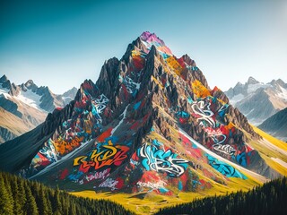 Obraz premium a mountain peak with colorful graffiti art