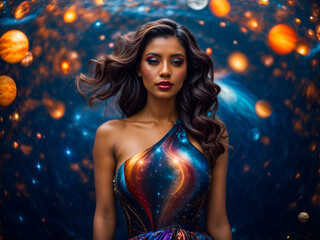 a woman wearing a seductive and glamorous dress inspired by the world of space and planets.