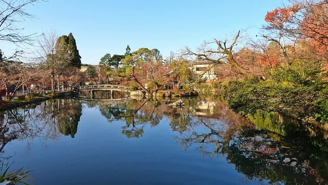 Beautiful autumn view of Hojo Pond at Eikando or Zenrin-ji Temple in Kyoto, Japan