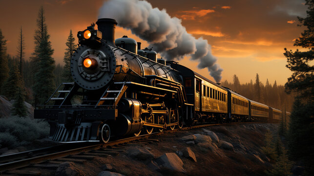 An Antique Steam Passenger Train Traveling Thru Mountains Puffing Lots of Smoke on a Cloudy Winter Day Background