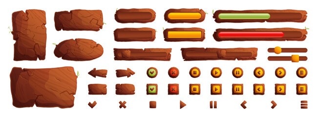 Wooden buttons and boards for game UI, GUI elements isolated on white background. Vector cartoon set of brown wooden banners, menu buttons and arrows for mobile game