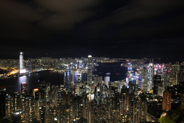Fototapeta na wymiar View of Hong Kong and Kowloon form top of Victoria Peak. Blue hour dusk to sun down.