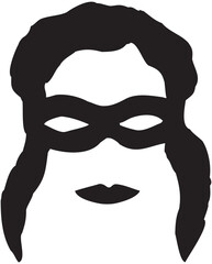 Drawing of the face of a dark-haired woman in a black mask over her eyes. A graphic symbol of a mysterious woman
