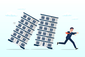 Panic businessman investor run away from collapsing housing domino, real estate or property debt crisis causing domino effect, housing and stock market or investment asset fall down (Vector) - obrazy, fototapety, plakaty