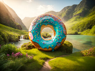 a distinctive and giant donut placed amidst a beautiful natural setting