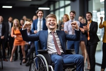 Obraz premium Middle-aged contented and successful people with disabilities serve as symbol of resilience. Men and women of different ages smile expressing happiness after finishing successful joint project