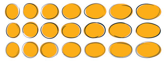 Set of hand drawn ovals and circles with a yellow background. Ovals of different widths. Select the circle frames. Ellipses in doodle style.