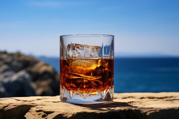 glass of whiskey on a stone in an ocean background
