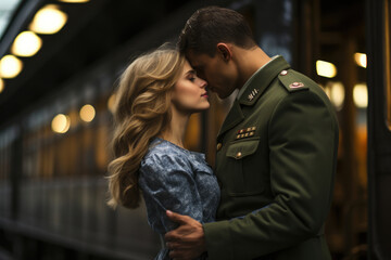 Couple in love, military man soldier and wife kissing at the station - obrazy, fototapety, plakaty