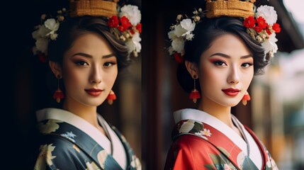 Fototapeta premium Woman in Kimono with Floral Hair Accessories