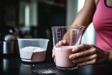 Selbstklebende Fototapeten fitness woman hand make protein shake at home © dobok