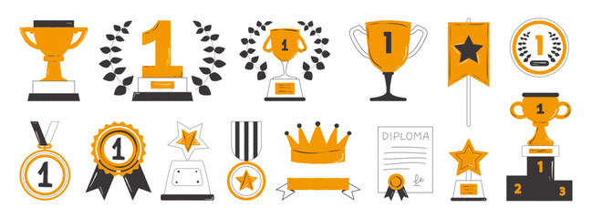Awards, cups, medals for first places and a set of podium winners. Black and orange color, Hand drawn award decorative icons. Vector illustration in doodle style.