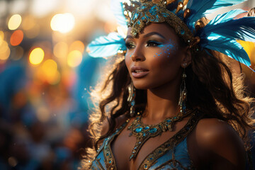 Beautiful woman, samba dancer at latin carnival