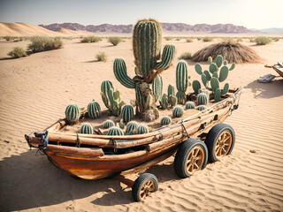a boat crafted from a tree trunk ,equipped with wheels for traversing the desert