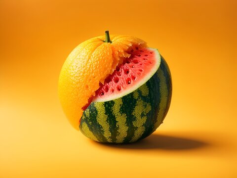 a unique and imaginative hybrid fruit that merges the characteristics of an orange and a watermelon