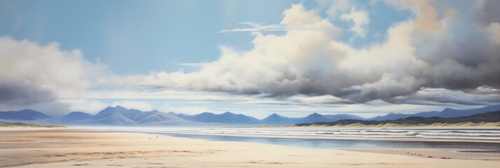 Reminiscent of pristine coastal summer beach in Scotland with highland mountains in the distance.