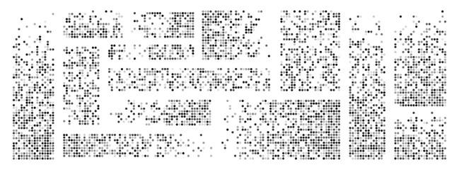 Pixel background decay with random transparency of round elements. Scattered dotted pattern. Decay effect. Set pixel mosaic textures with simple round particles. Vector on a white background.