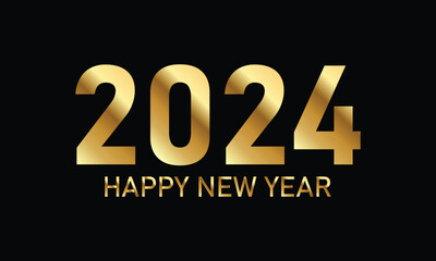 2024 Happy New Year background. Modern greeting banner template with gold text on black background. Vector illustration