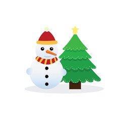 snowman and christmas tree,red and yellow hat and scraft, card winter,vector illustration