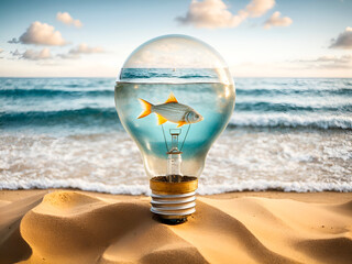 a transparent lightbulb, containing a fish swimming inside, is placed on a beach by the sea