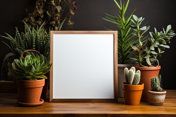 frame with poster mockup on wooden table with green plants