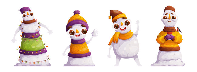Set of four cute cartoon snowmen. Emotional characters, detailed snowmen in winter warm hats and knitted sweaters, showing surprise, joy, greeting and calm.