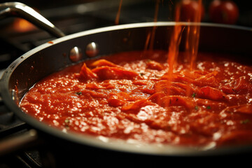 A close-up of a bubbling pot of tomato sauce simmering on the stove, capturing the essence of home-cooked Italian pasta. Generative Ai.