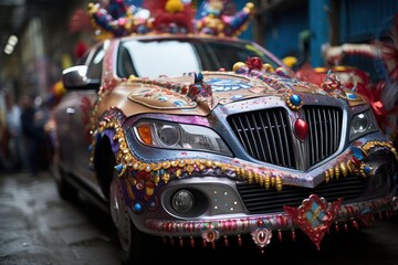 A vibrant venetian carnival themed cars and floats parade through the streets in a display of creative brilliance, colorful carnival images