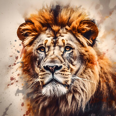 Digital painting of a male lion with splashes of ink in the background