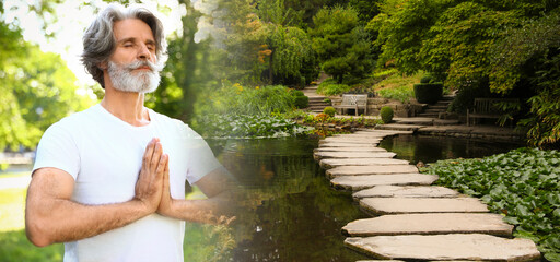 Wellness retreat. Double exposure with man meditating outdoors and beautiful landscape, banner design