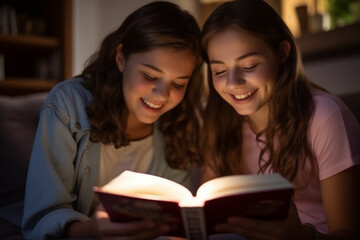 Obraz premium Two teenager girl friends in a house holding a book