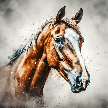 Portrait of a bay horse with long mane. Digital painting.