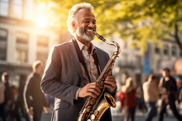 Middle aged man in the middle of the city playing the saxophone - obrazy, fototapety, plakaty