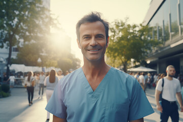 Fototapeta premium Middle aged man in the middle of the city with doctor uniform