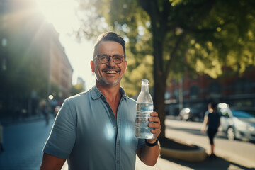 Middle aged man in the middle of the city holding a bottle of water