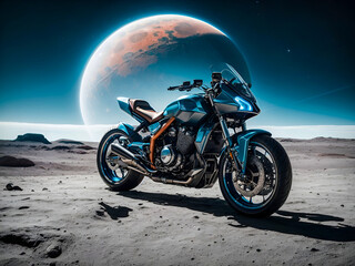 a motorcycle with an alien design, positioned on the surface of the moon