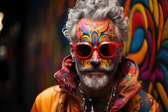 Graffiti clash urban carnival masked man amid vibrant colors, colorful carnival images