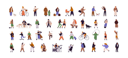 Various tiny people in city set. Friends, couples walking dog on street, skateboarding, running. Many characters play musical instruments, ride on bike. Flat isolated vector illustration on white - obrazy, fototapety, plakaty