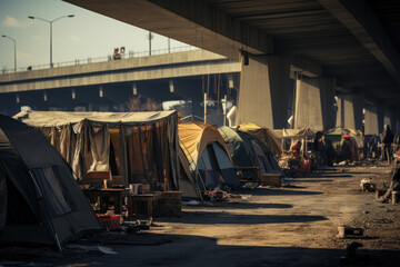 A row of dilapidated tents pitched beneath an overpass, illustrating the challenges faced by those living in makeshift encampments. Generative Ai. - obrazy, fototapety, plakaty