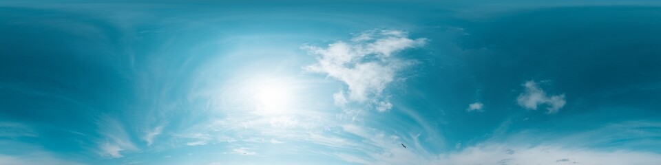 Obraz premium blue summer sky panorama with Cirrus clouds. Seamless hdr spherical 360 panorama. Sky dome in 3D visualization, sky replacement for aerial drone 360 panoramas. Climate and weather change.